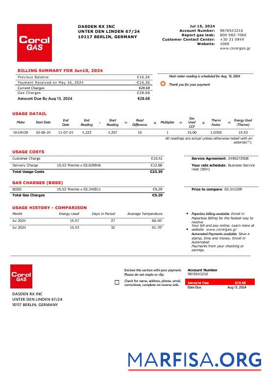 Printable Greece CORAL GAS business utility bill template in Word and PDF formats